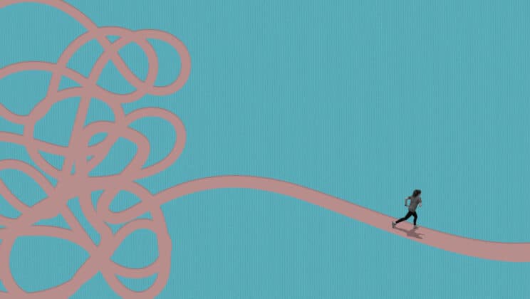 Illustration of a running away from problems concept, collage and paper