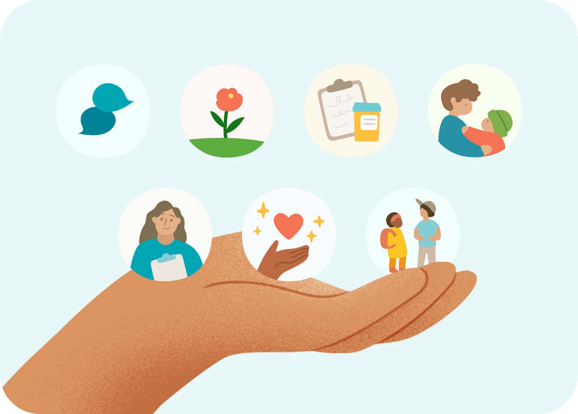 hands with different care option icons above it