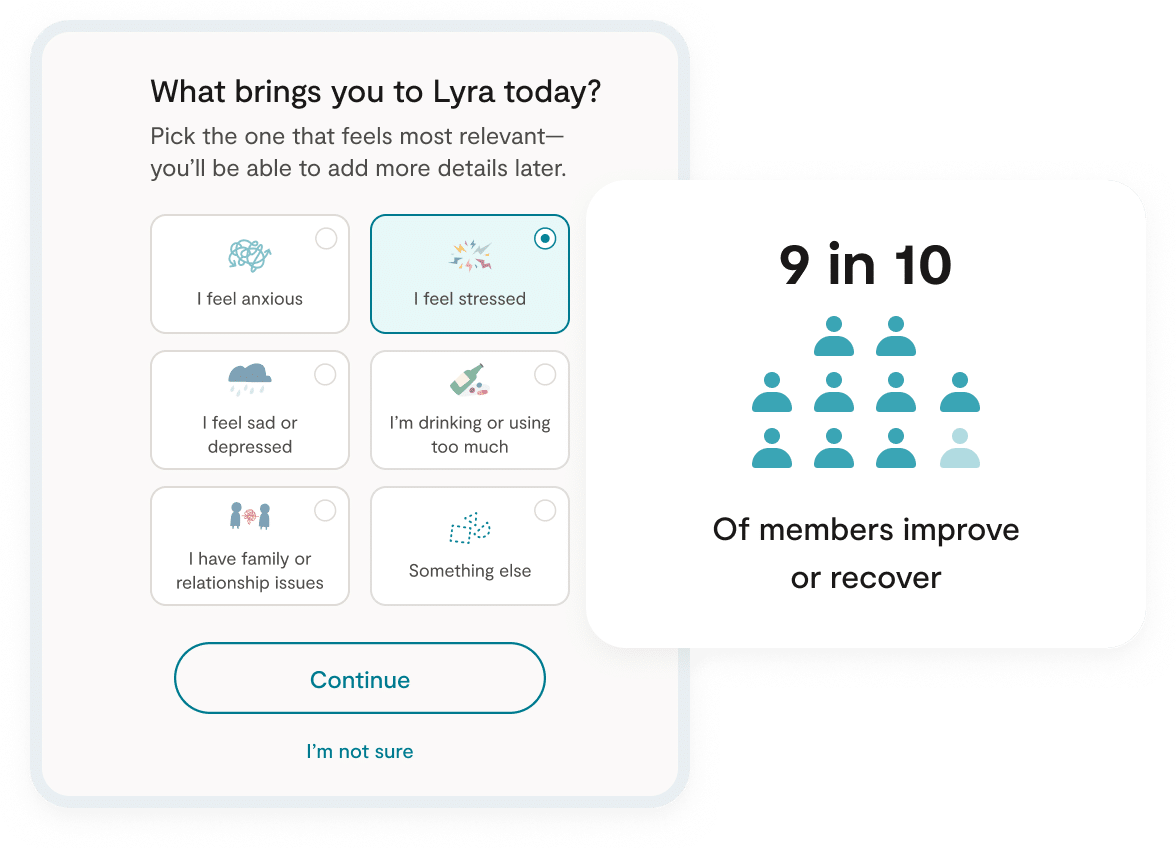 Screenshot from Lyra Health app asking user 'What brings you to Lyra today?'